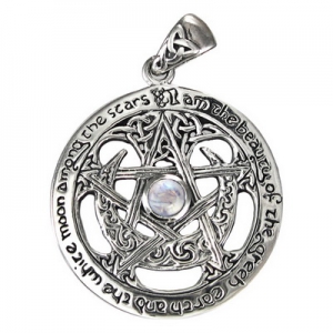 Sterling Silver Extra Large Cut Out Moon Pentacle Pendant with Rainbow Moonstone