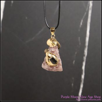 Crystal Pendant - Strawberry Quartz w/gold gilt Black Tourmaline